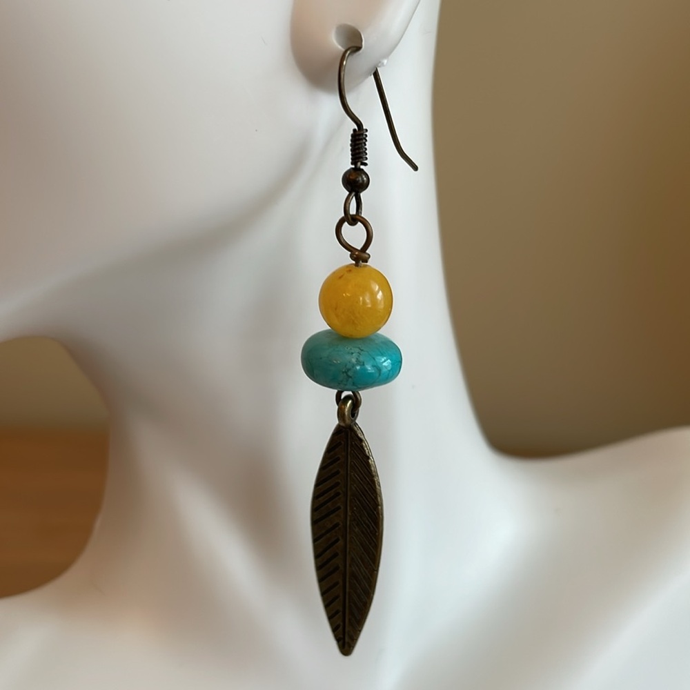 HAND CRAFTED BOHEMIAN BEADED EARRINGS Antique Brass Turquoise Yellow Chalcedony
